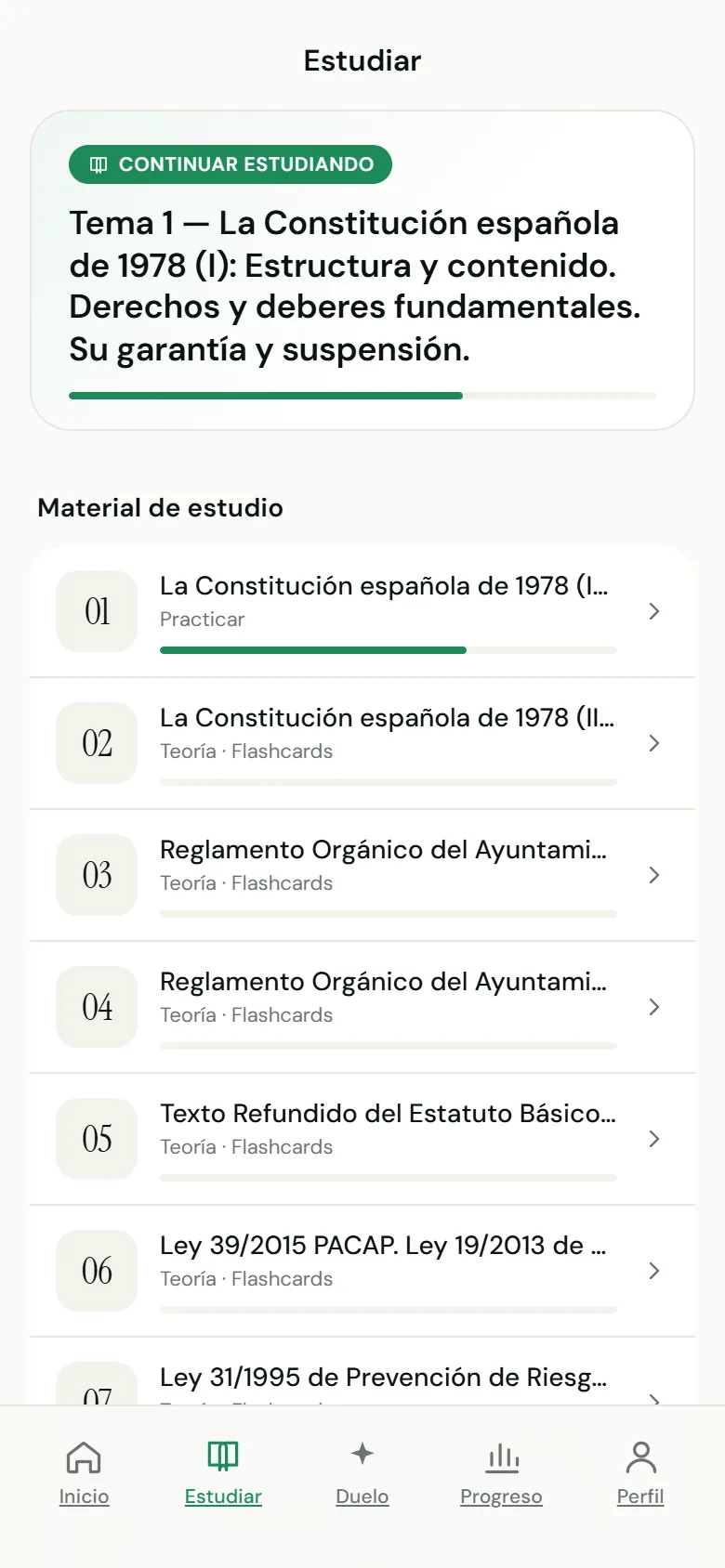 Sección Estudiar de Sacadiez con el temario oficial numerado, teoría, flashcards y práctica por tema.