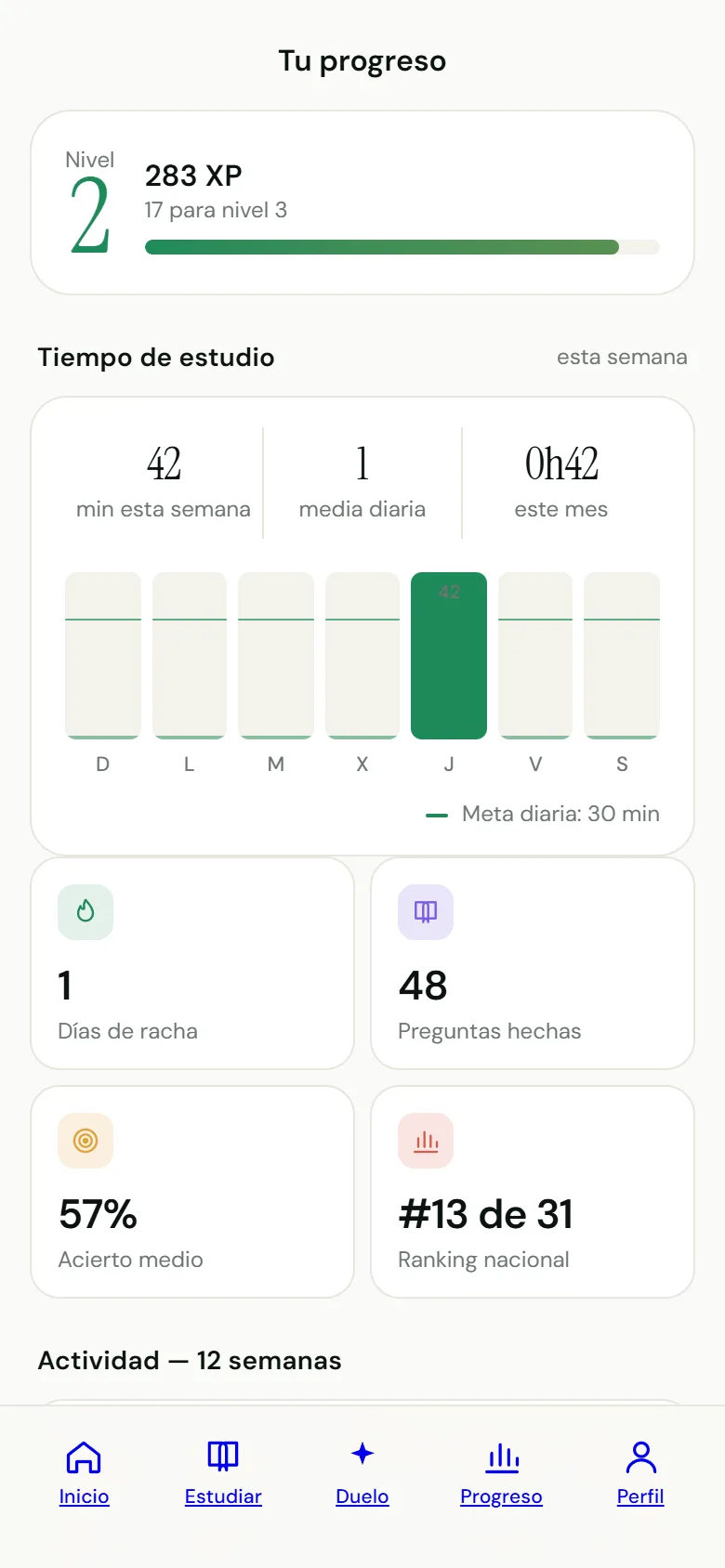 Pantalla de progreso de Sacadiez: nivel y experiencia, minutos de estudio por día, racha, preguntas hechas, acierto medio y ranking nacional.